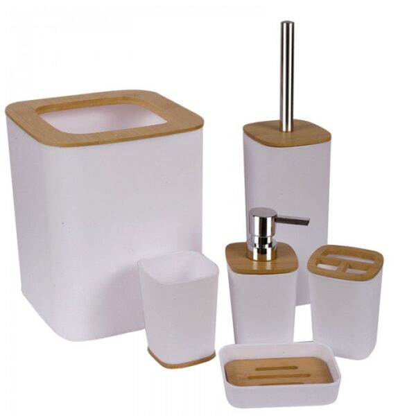 Set de Baño Blanco con Tapa Madera 6 Piezas