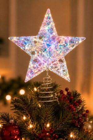 Punta de árbol estrella con cintas tornasoladas y luz