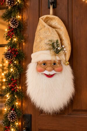 Cara de Papá Noel con gorro dorado para puerta