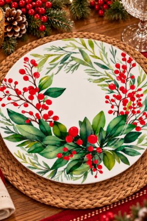 Plato de sitio beige con hojas verdes y frutos rojos